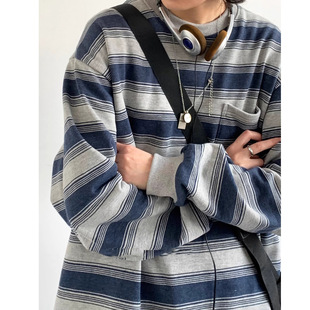 Japanese retro distressed long-sleeved sea spirit shirt for boys and girls spring and autumn couple round neck bottoming shirt striped workwear sweater fashion