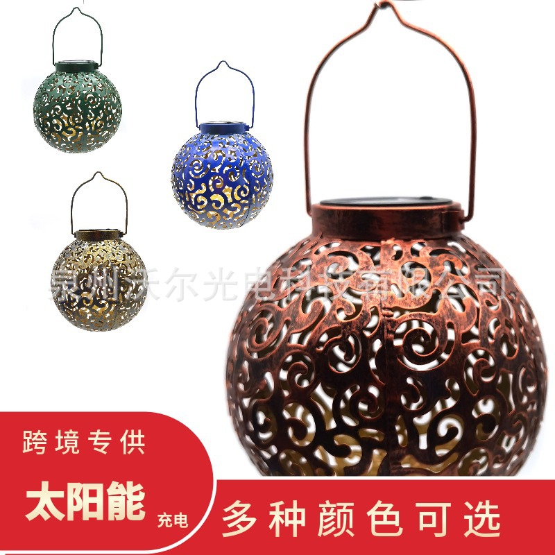 亚马逊热销太阳能铁艺镂空灯笼 户外庭院装饰灯 景观灯草坪灯