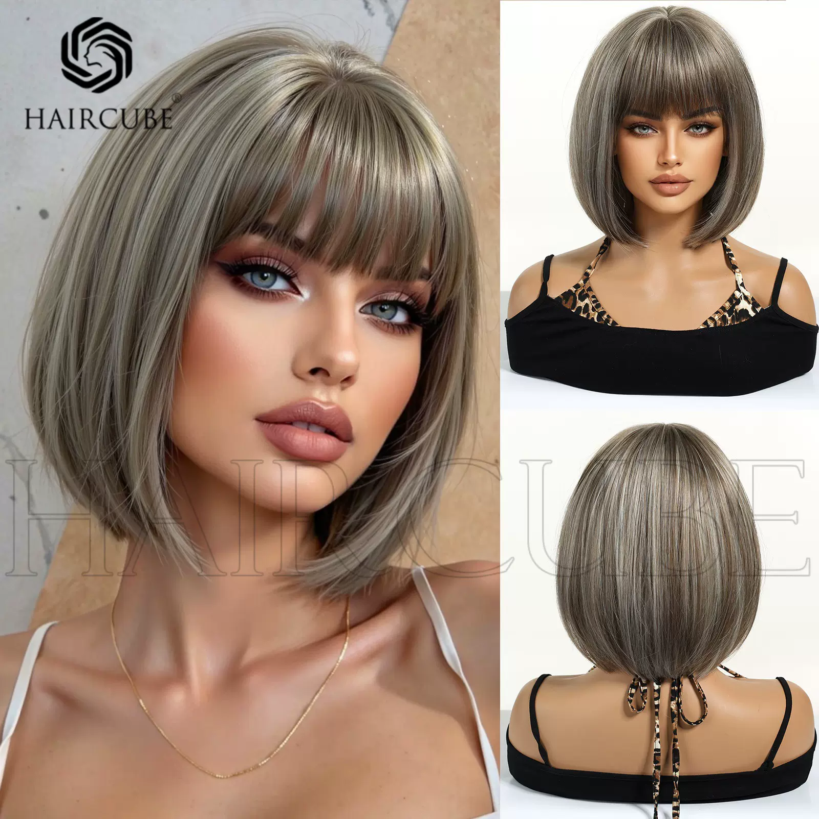 短直发齐刘海假发头套机制化纤头套女波波头挑染夏天透气许昌工厂