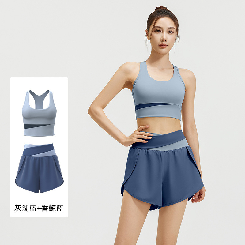 Color-Blocked Fake Two-Piece Yoga Shorts Running Fitness Wear Nude Anti-Exposure Sports Shorts for Women Summer