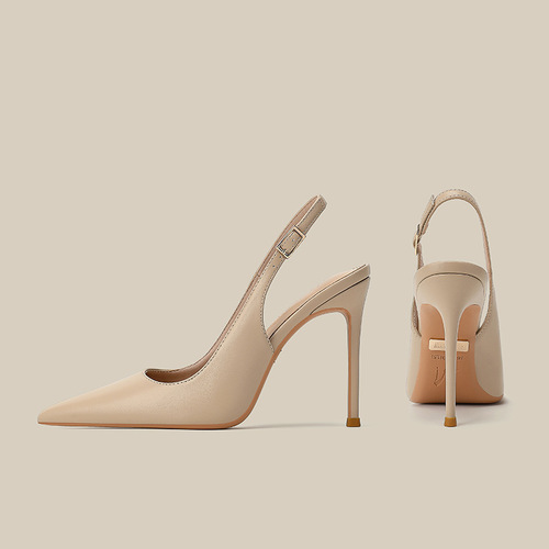 Handmade high-heeled shoes, women's thin heel, hollow pointed rear sandals, comfortable leather sole, not tiring women's feet