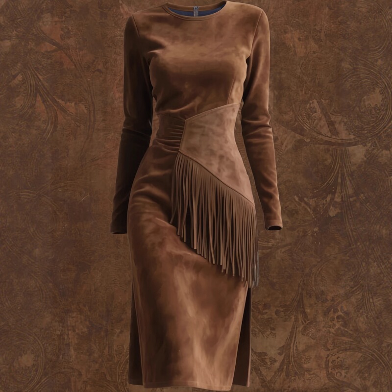 Cross-border European and American Amazon new women's retro western-style round-neck slim-fit long-sleeve fringed suede dress