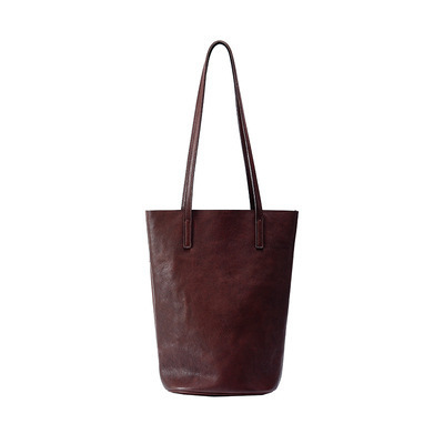 QZ Lazy Style Bucket Bag Large Capacity Tote Bag Genuine Leather Shoulder Bag for Women Retro Versatile Soft Vegetable Tanned Cowhide Bag - Thumbnail 8