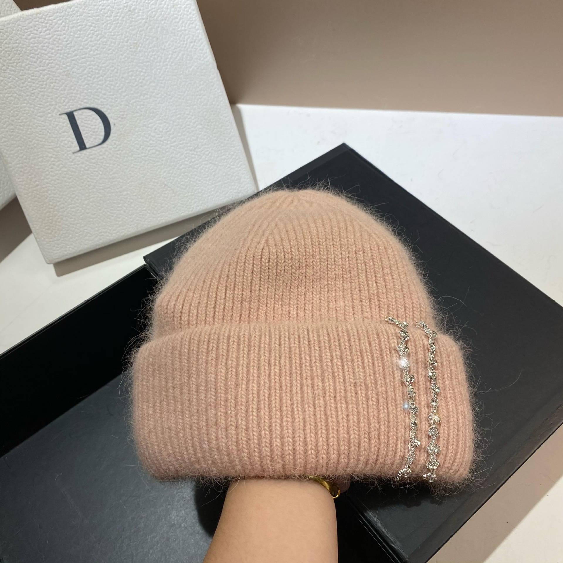 Winter-Thermomütze für den Außenbereich, langes Kaninchenhaar, doppelt gefaltete Strickmütze, Mode-Promi-Feng-Shui-Diamant-Wollmütze_voghion.com
