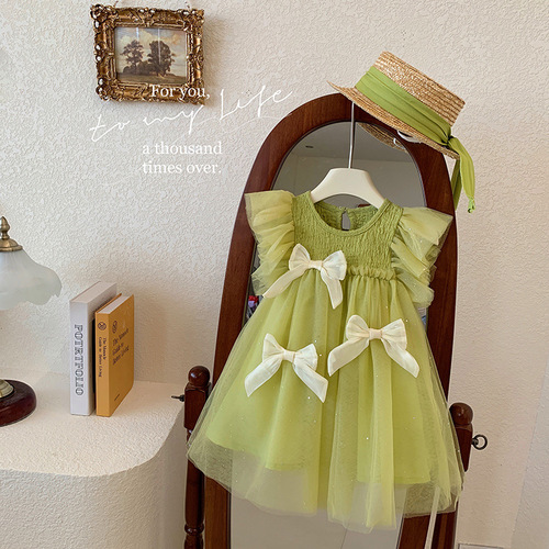 2024 new summer girls' dress, fashionable and comfortable gauze skirt, mesh princess dress, baby flying sleeve skirt