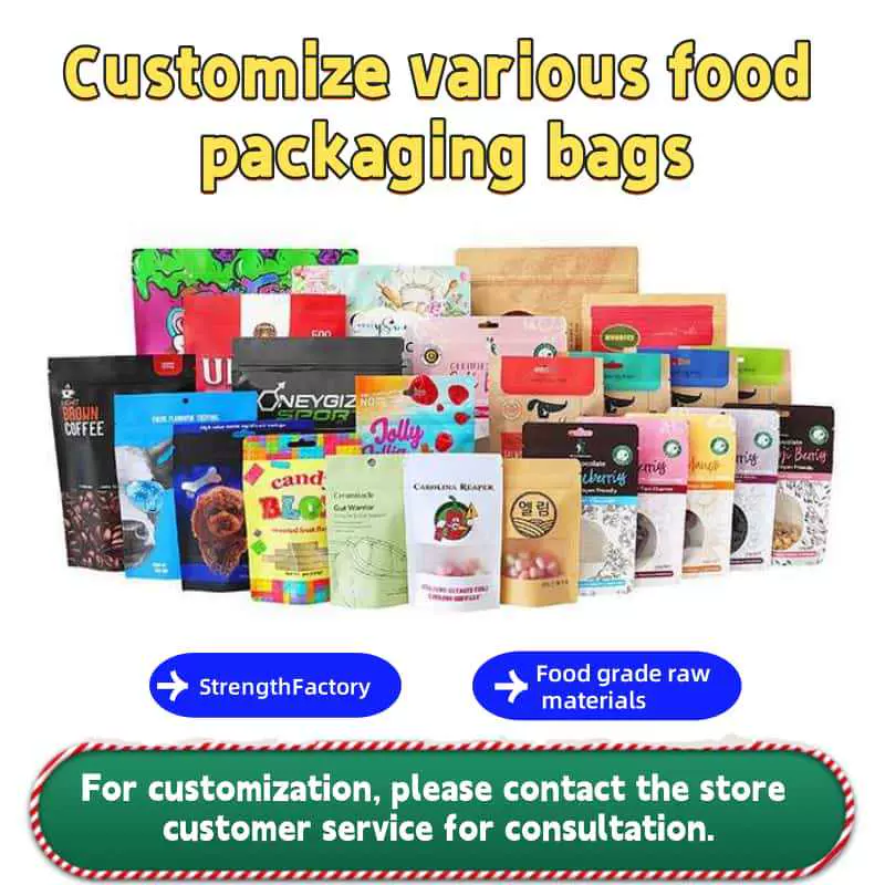 Customized printed plastic food packaging bags stand on thei