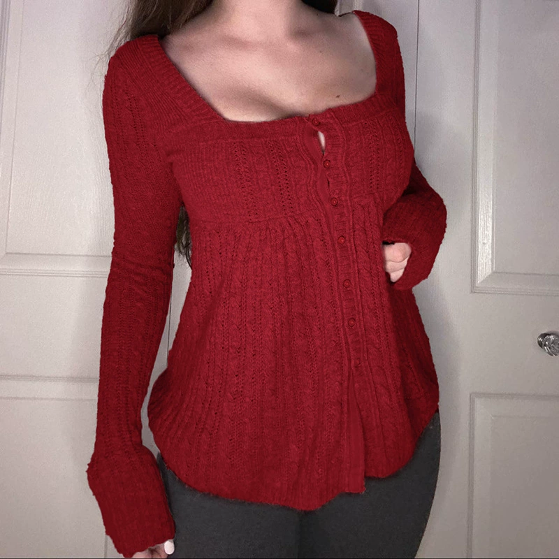 Распродажа по низким ценам # Свитер в стиле ретро с квадратным вырезом, однотонный, в стиле чистой и невинной девушки, элегантный и простой универсальный кардиган А-силуэта.