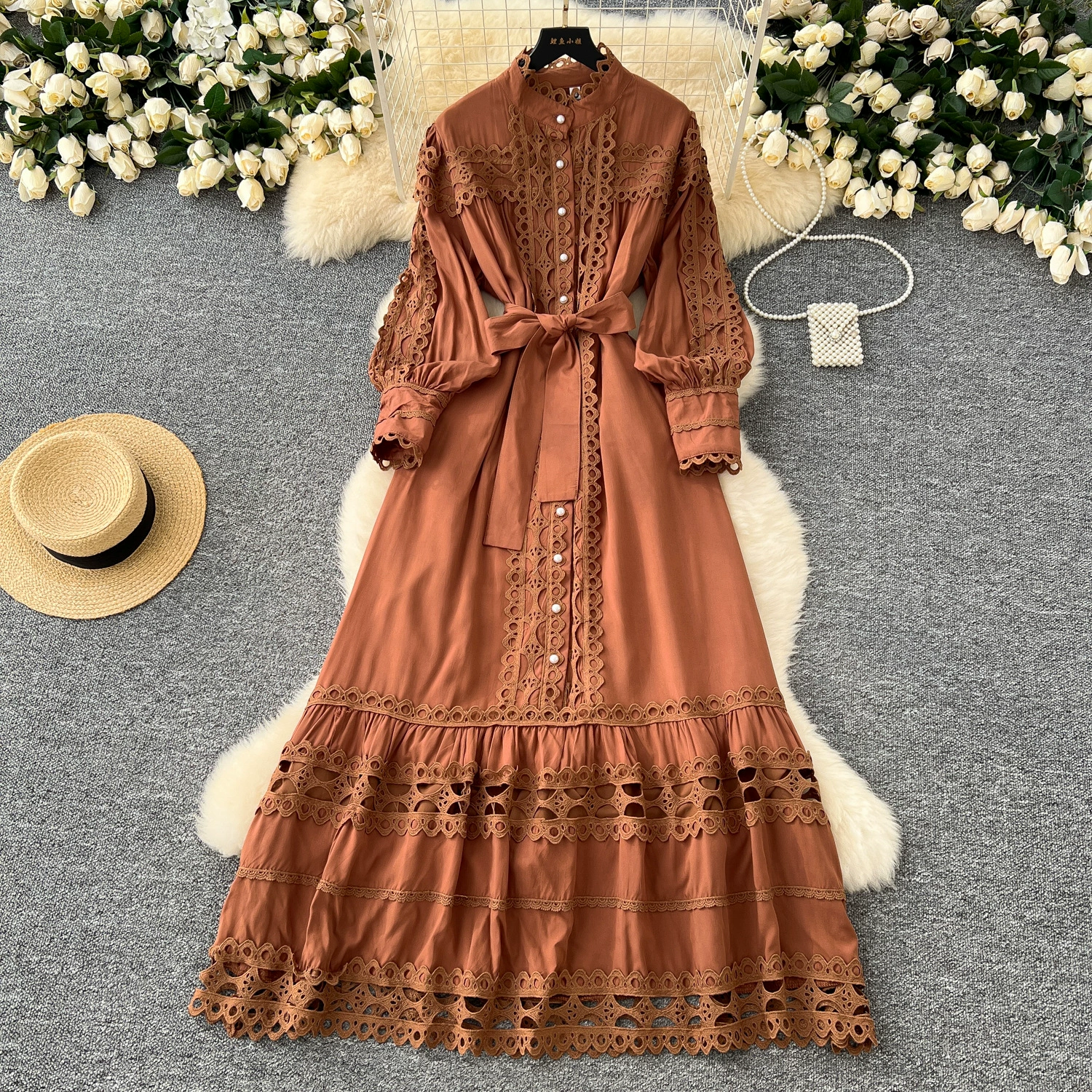 Французские нишевые ретро полые кружевные сшитые ремни на талии с рукавами фонаря платье женские придворные длинные юбки