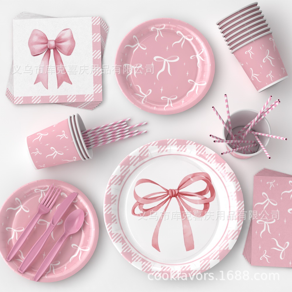Amazon Pink Bowknot Party Decoración Niña Fiesta de cumpleaños Bandeja de papel desechable Taza de papel Bandeja de papel