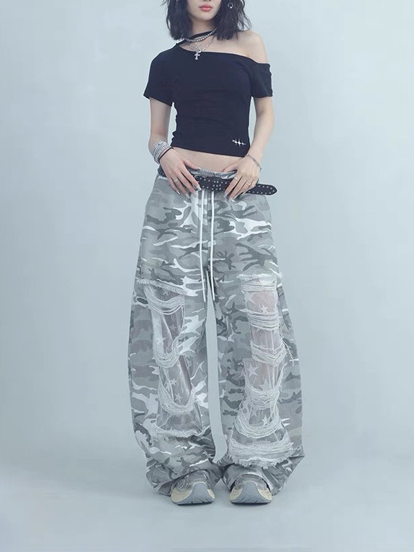 CBXLB街舞潮牌蕾丝破洞迷彩嘻哈运动裤夏季街头爵士辣妹休闲长裤|undefined