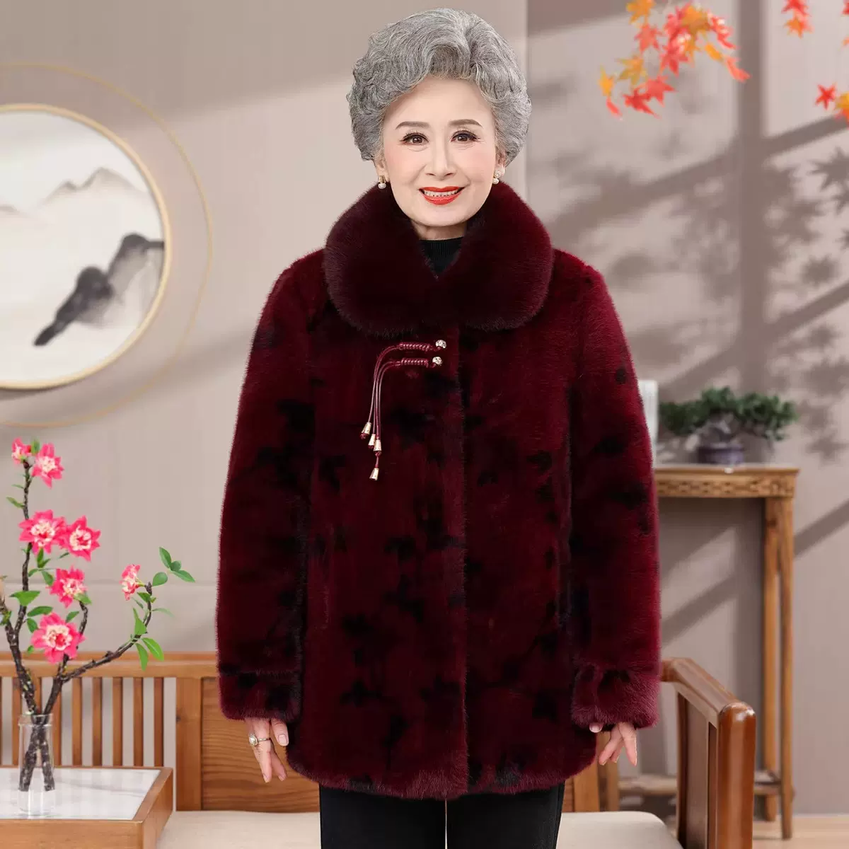 中老年人冬装女奶奶水貂绒外套加棉加厚妈妈装保暖大衣老太太棉袄