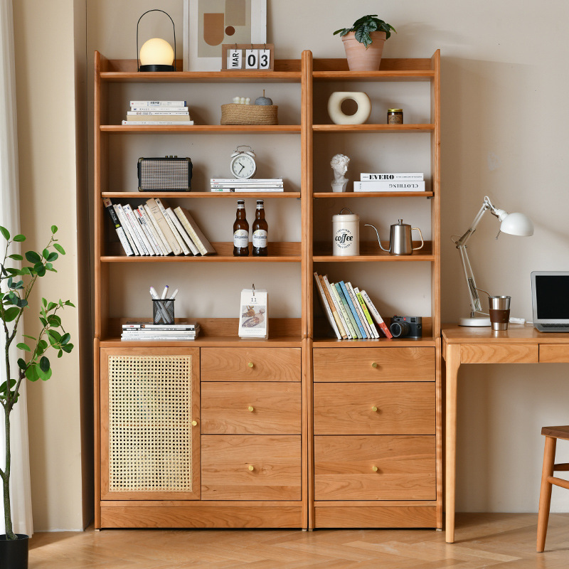 Nordic Solid Wood Bookcase Home Living Room Storage Display Cabinet Small Apartment Log B&B Wall Cherry Wood Storage Cabinet