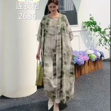 新款大码女装 高档时尚复古印花连衣裙 宽松大版气质女长裙