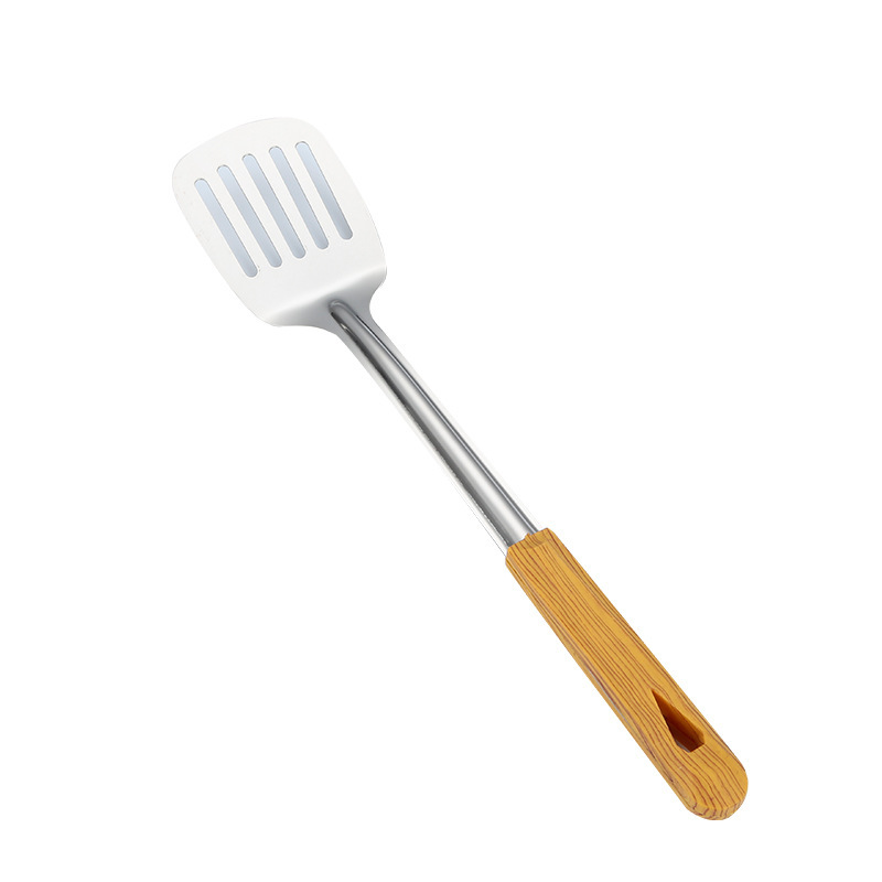 Espátula de acero inoxidable, colador, cocina, mango de madera para el hogar, espátula de acero inoxidable, cuchara de sopa, juego de utensilios de cocina, pala de cocina