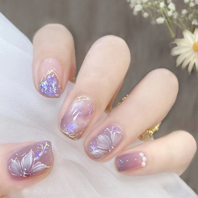 X067 Wearable Nail Art High-End Short Nail Stickers Finished Purple Pearl Camellia Wearable Nail Art Stickers