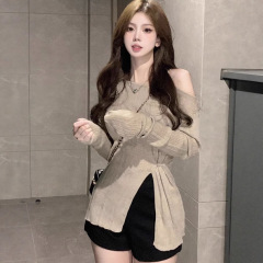 秋季小个子盐系穿搭设计感小众辣妹纯欲风一字肩修身上衣女针织衫