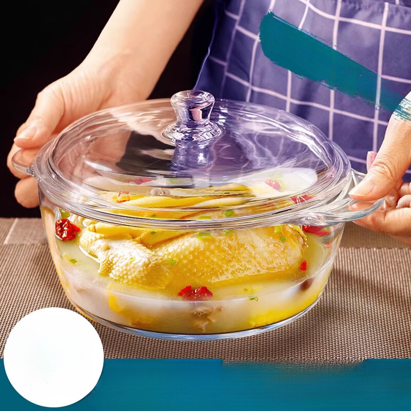 High-temperature resistant tempered glass bowl, suitable for home use, heat-resistant instant noodle bowl, microwave-safe container with lid, large-sized soup pot with two handles