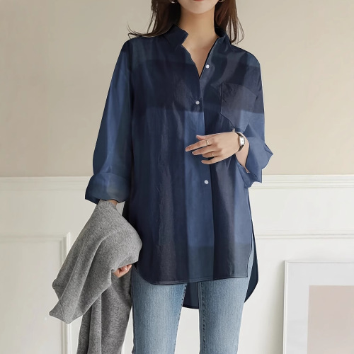 Grid pattern button-down shirt, women's casual long-sleeve stand-up collar blouses, spring and autumn wear