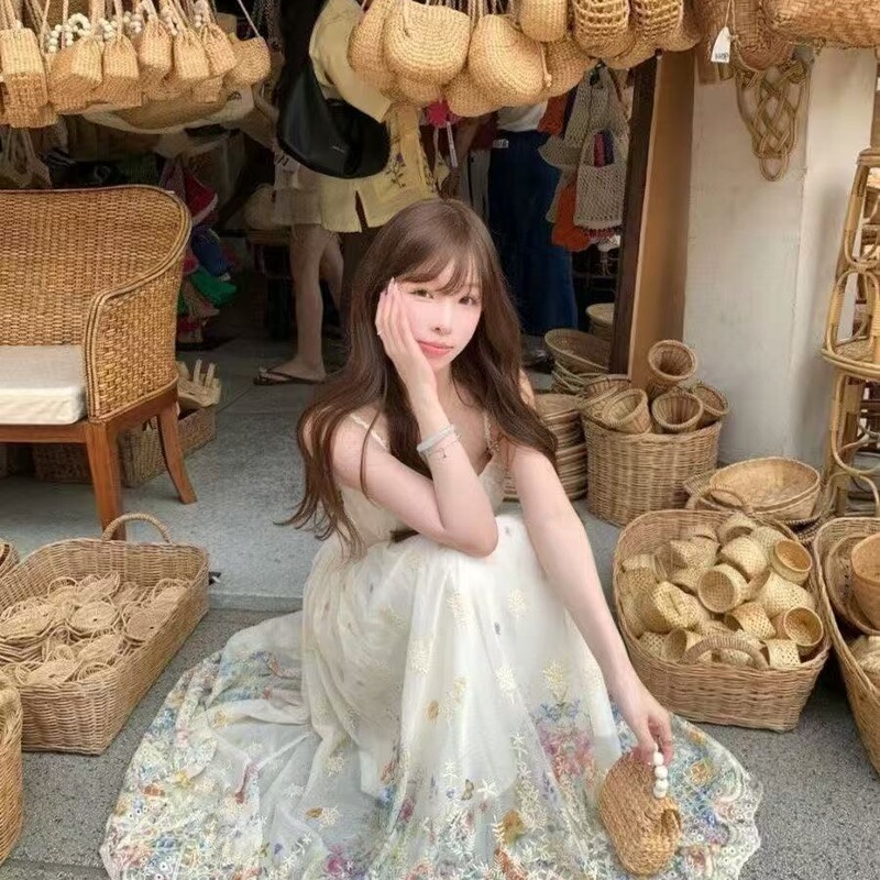 Secret Garden Resort Style Heavy Embroidery Strap Dress for Women, Waist-Cinching Slimming Summer Floral Maxi Dress Secret Garden Resort Style Heavy Embroidery Strap Dress for Women, Waist-Cinching Slimming Summer Floral Maxi Dress