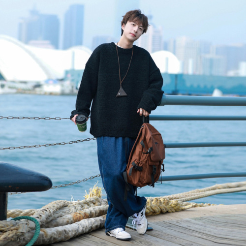 Men's Winter Thick Crew Neck Knit Sweater, Japanese Retro Loose Casual Style Linen Jacket