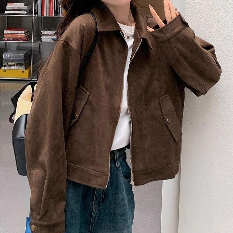Korean-Style New Short American-Style Jacket for Petite Individuals, High-End Coffee-Colored Melard Lapel Retro Jacket Top