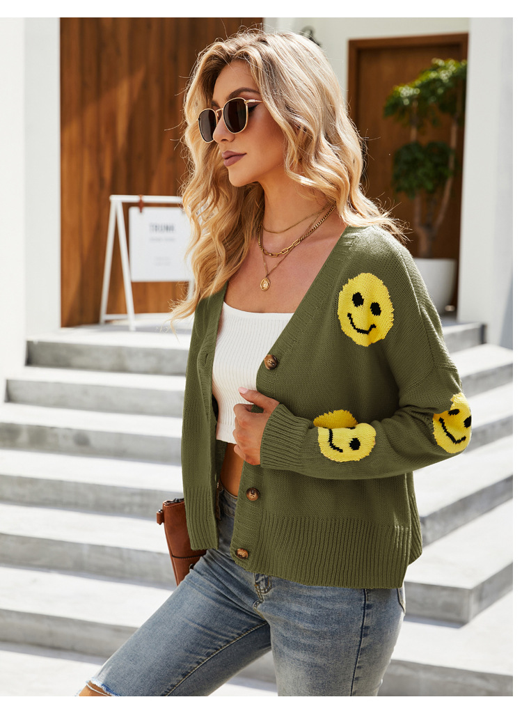 Smiley Face Long-Sleeved Loose Knit Cardigan NSYH82740