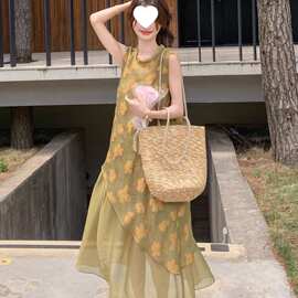 新中式提花连衣裙女夏季25时髦新款法式气质大码胖拼接纱网长裙