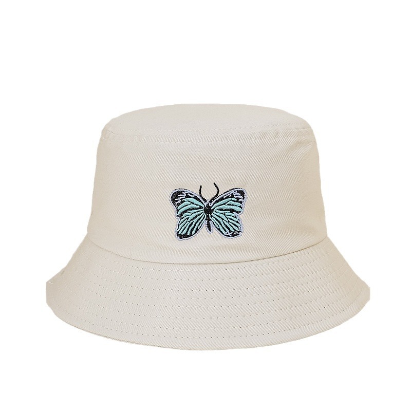 Nuevo sombrero de pescador de mariposa azul bordado simple todo partido sombrero de mujer de ala ancha cara de aspecto pequeño sombrero de lavabo de moda estilo coreano sombrero para el sol