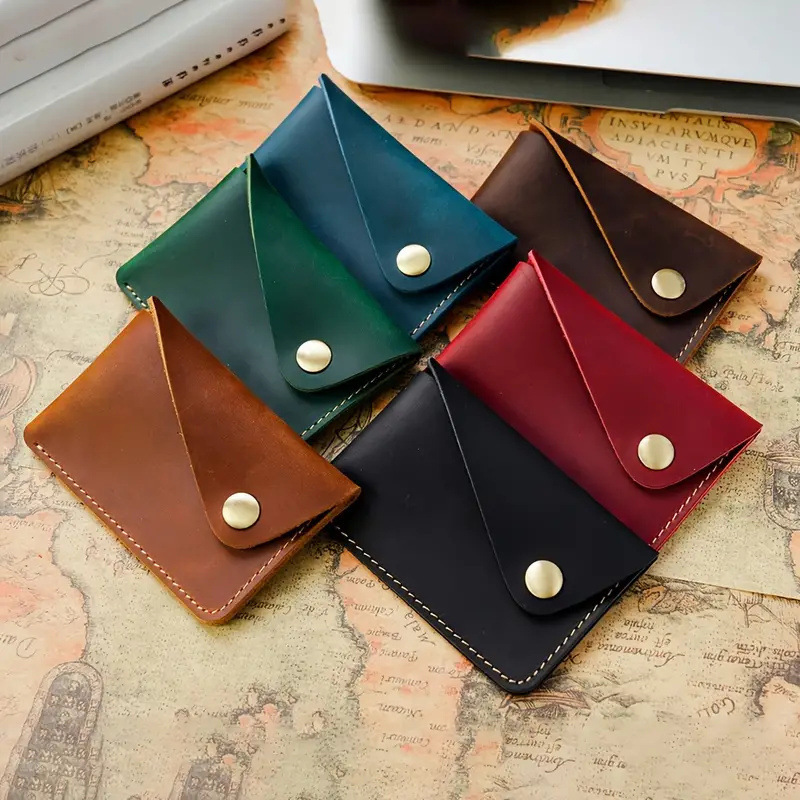 跨境新款手工简约牛皮卡套创意小巧按扣零钱包疯马皮日式复古卡包