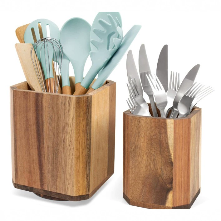 Вращающийся деревянный органайзер для столовых приборов из акации