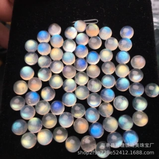 天然拉长石灰月光戒面裸石 圆形平底素面 强光拉长石包珠工厂批发