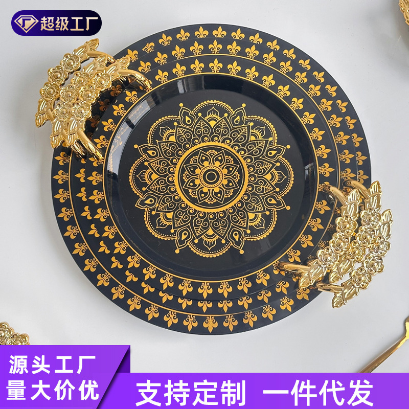Round Bronzing Black Tray Manufacturer Wholesale Nordic Light Luxury Fruit Tray Tea Tray High-End Hotel Tray European Plate Round Bronzing Black Tray Manufacturer Wholesale Nordic Light Luxury Fruit Tray Tea Tray High-End Hotel Tray European Plate