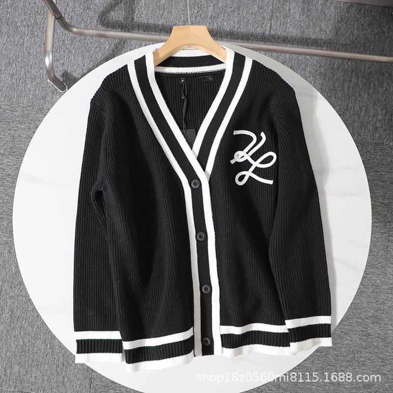 American K'Er~Women's Elegant Rope Embroidered Contrasting Edge V Neck Buttoned Long-Sleeved Knitted Cardigan 2171