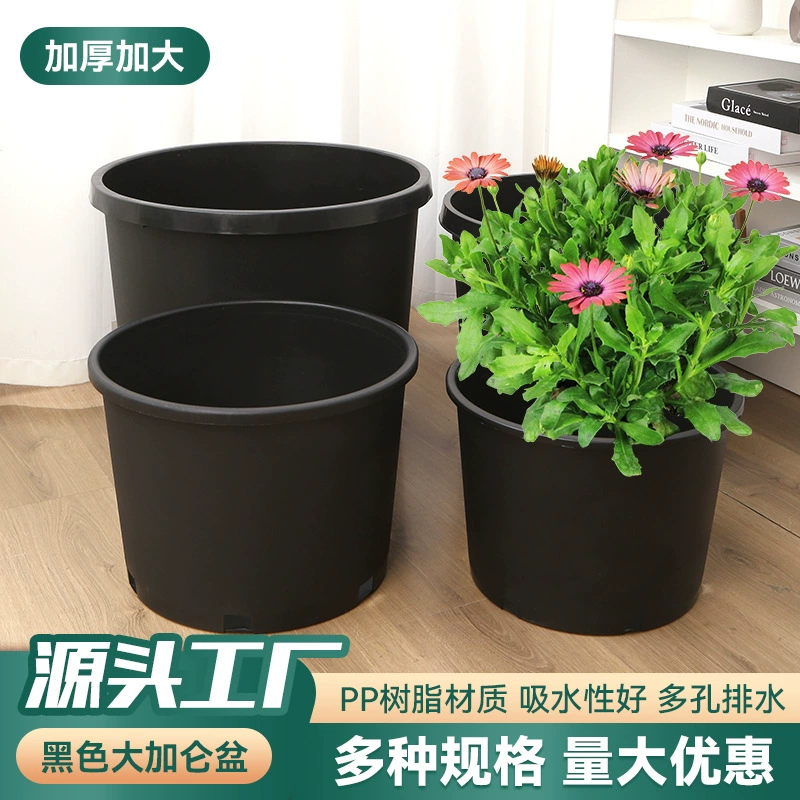 Черный большой галлонный горшок из твердого пластика с круглым горлышком, цветочный горшок в пасторальном стиле, утолщенный цветочный горшок для фруктовых деревьев, оптовая продажа, черный цветочный горшок с несколькими спецификациями