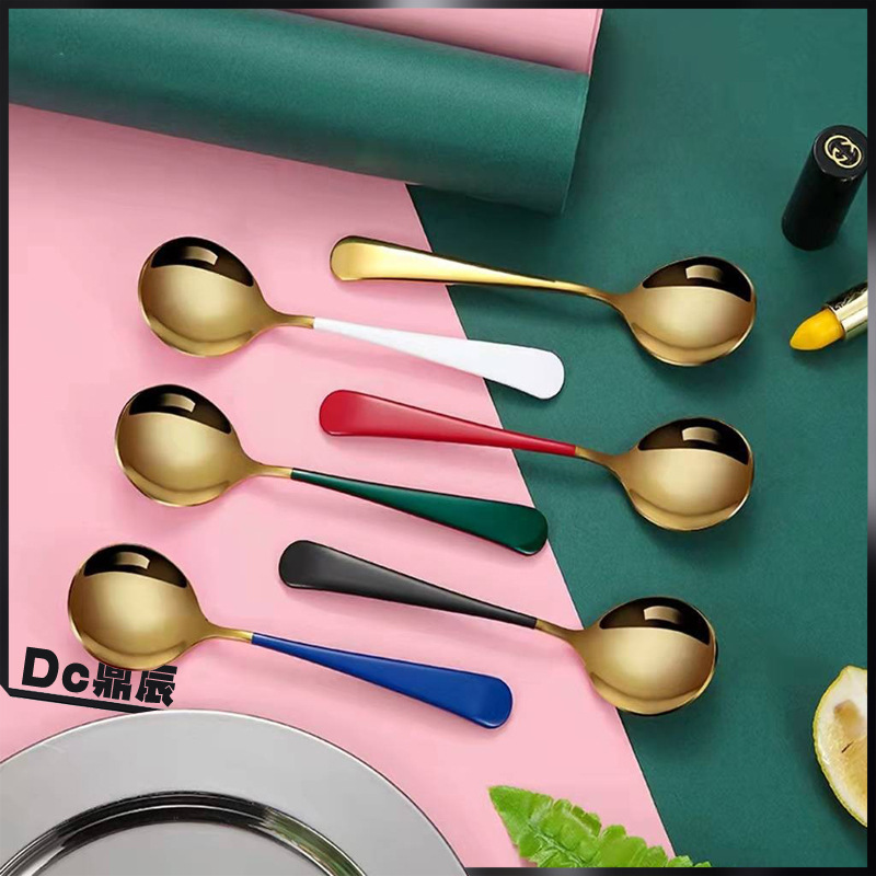 Cuchara de acero inoxidable 304 cuchara de celebridad de Internet cuchara de cabeza redonda coreano dorado colorido postre cuchara de café cuchara de mezcla al por mayor ins