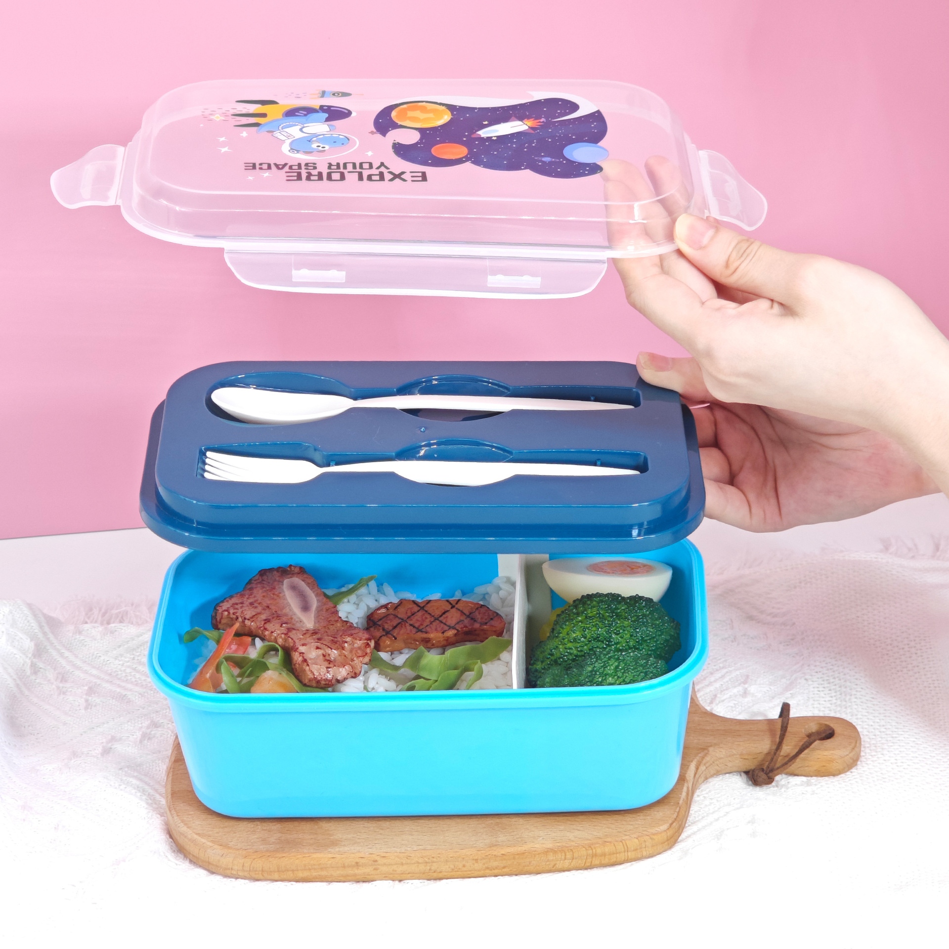 Nuevos productos sin franqueo para niños caja de almuerzo set hervidor de agua escuela de dibujos animados de plástico caja de almuerzo portátil de doble capa caja de almuerzo