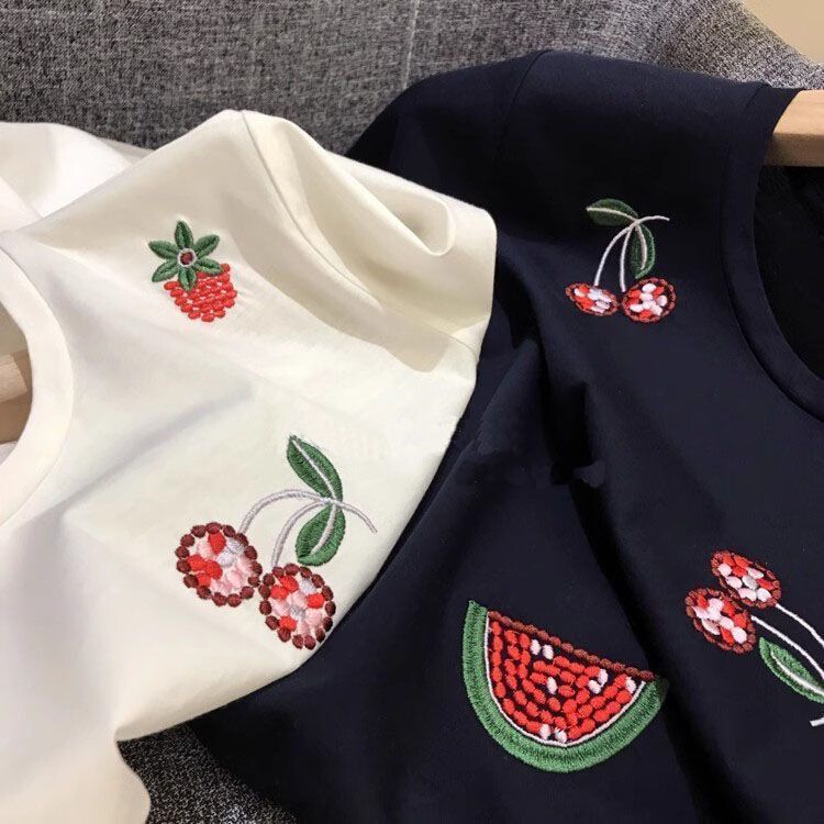 21 210g combed cotton summer loose short sleeve T-shirt female Korean embroidery design feeling plus size 150.00kg tide 21 210g combed cotton summer loose short sleeve T-shirt female Korean embroidery design feeling plus size 150.00kg tide
