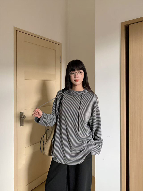 誉一新款2025秋季韩系百搭条纹连帽卫衣女宽松慵懒长袖上衣c6608|undefined