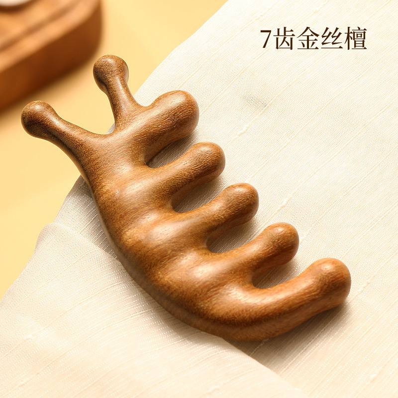 天然緑白檀マッサージコーム、経絡コーム、頭皮治療用5本歯丸頭マッサージコーム、7本歯経絡浚渫コーム|undefined