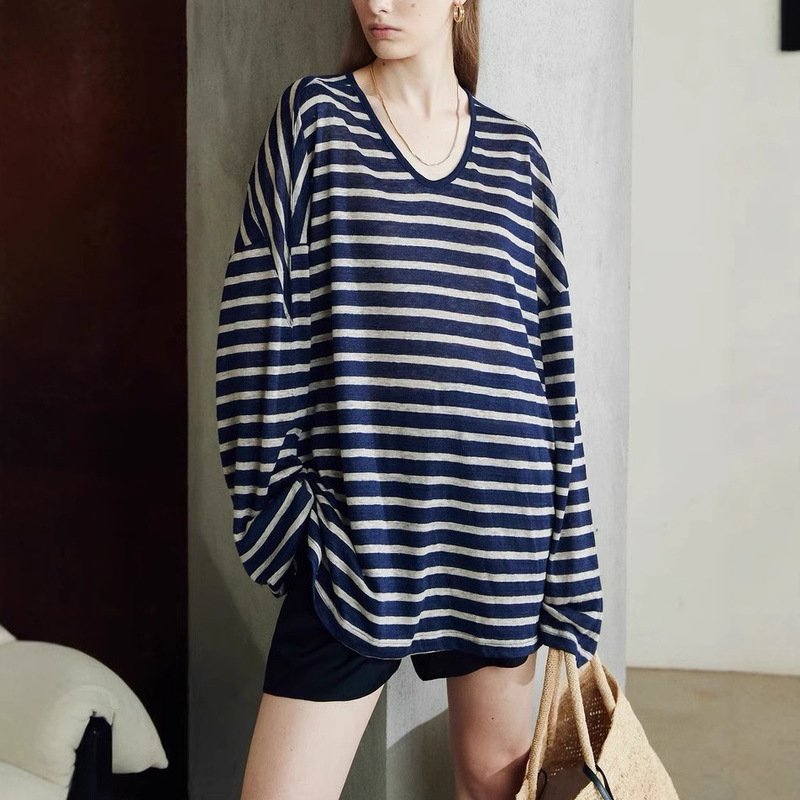 Word of mouth B into Japan imported chicory light linen yarn-dyed stripe shoulder split loose lazy long sleeve T
