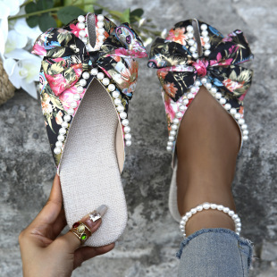 Europe and America 2025 Summer New Satin Bow Accessories Pearl Flower Sandals Fashion Soft Sole plus size Slippers