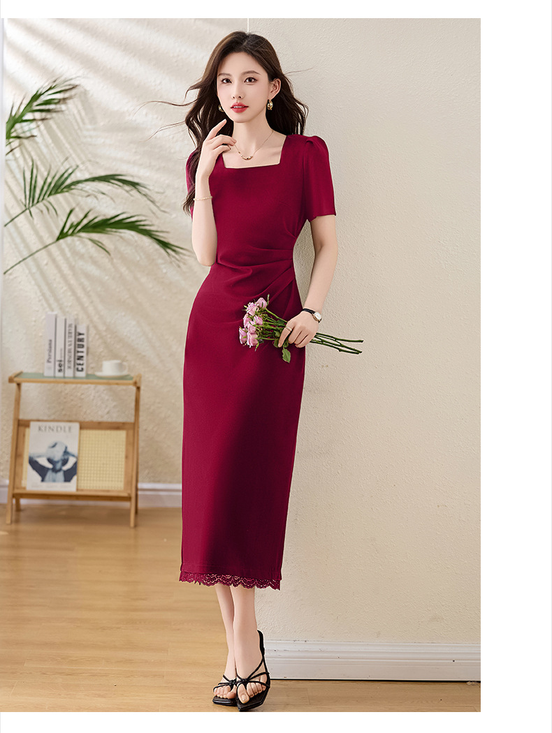 Đầm maxi cổ vuông tay phồng xẻ tà ôm dáng mùa hè 2025 — Màu đen, Màu đỏ chi tiết 23