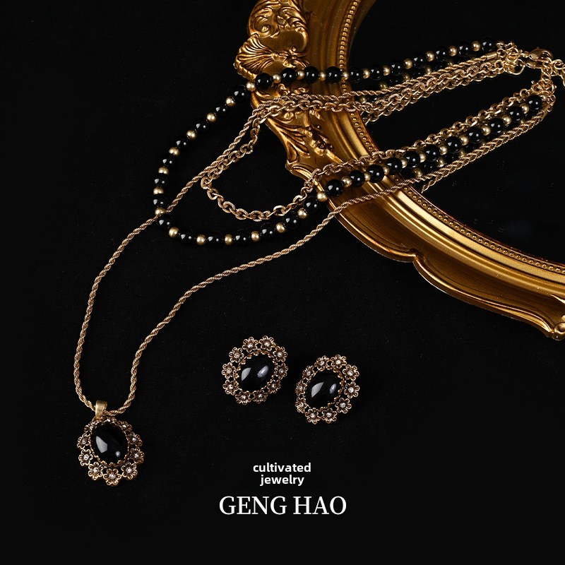 Qingdao mid-ancient jewelry multi-color lace pearl necklace stud earrings Women's Light luxury texture retro jewelry suit_voghion.com