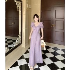 フレンチジェントルスタイルフリルVネックパフスリーブドレスレディース夏の新しい気質ウエスト痩身ロングスカート