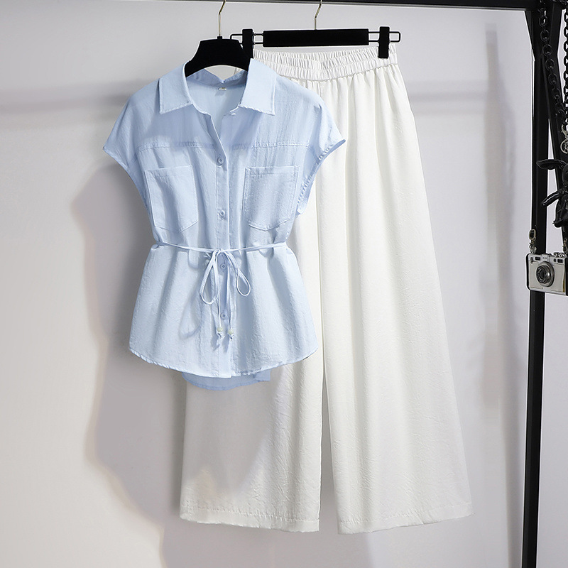 女性用のハイエンドノースリーブシャツスーツ2025超人気夏服、小柄な人向けのワイドレッグパンツの2点セットの完全なセット|undefined