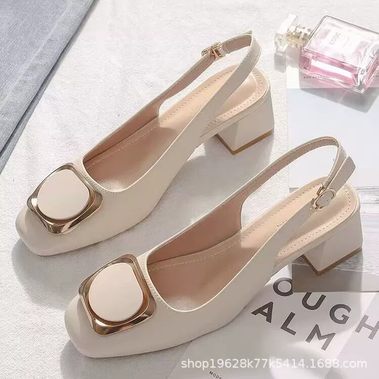 2025 Босоножки на среднем каблуке Baotou с французским квадратным носком, женские летние шлепанцы для вечерних нарядов с юбками, туфли в стиле феи