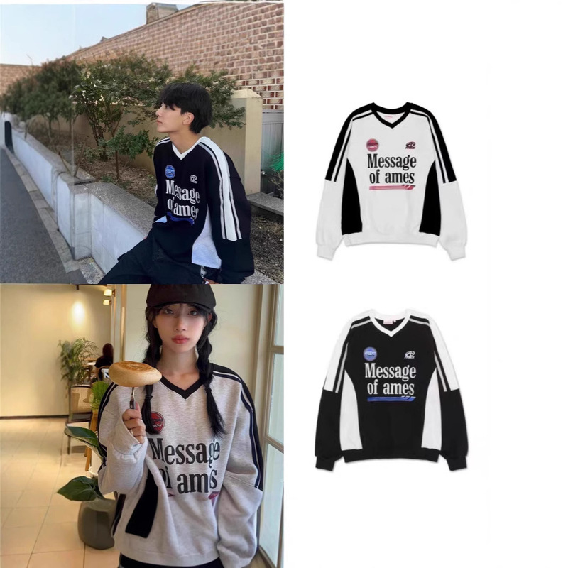 Yin Jinghan Style Spring and Autumn 2025 New Women's American Style Retro Contrast Color V-Collar Long-Sleeved Casual Loose Sweat Ins