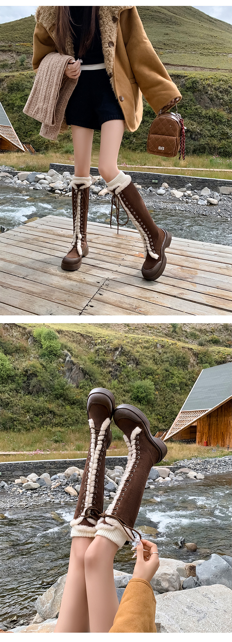 Boot nữ cổ cao lông dày ấm áp, dây buộc phong cách hiệp sĩ, đế chống trượt mùa đông — màu nâu chi tiết 13