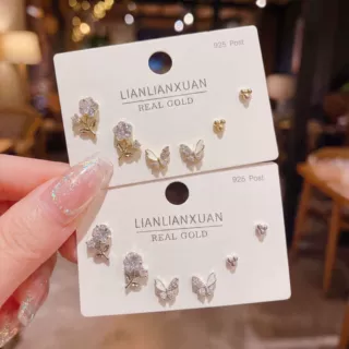 时尚简约蝴蝶耳钉女精致微镶锆石耳环气质百搭一卡三耳饰套装批发