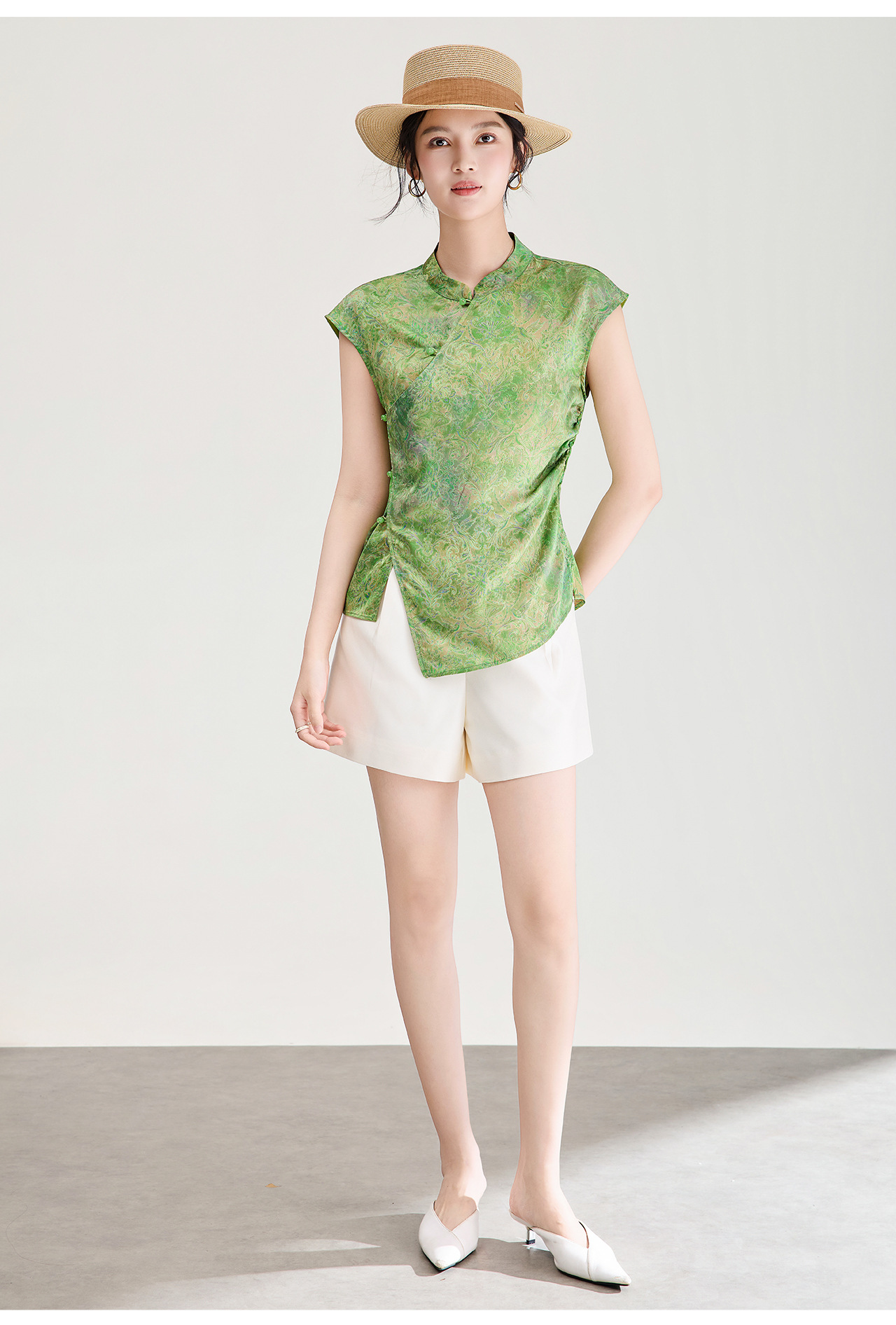 Áo vest không tay nữ kiểu Trung Quốc mới, chất lụa Jacquard nhuộm chìm, tà áo chéo, mặc mùa hè — màu xanh nhạt chi tiết 22